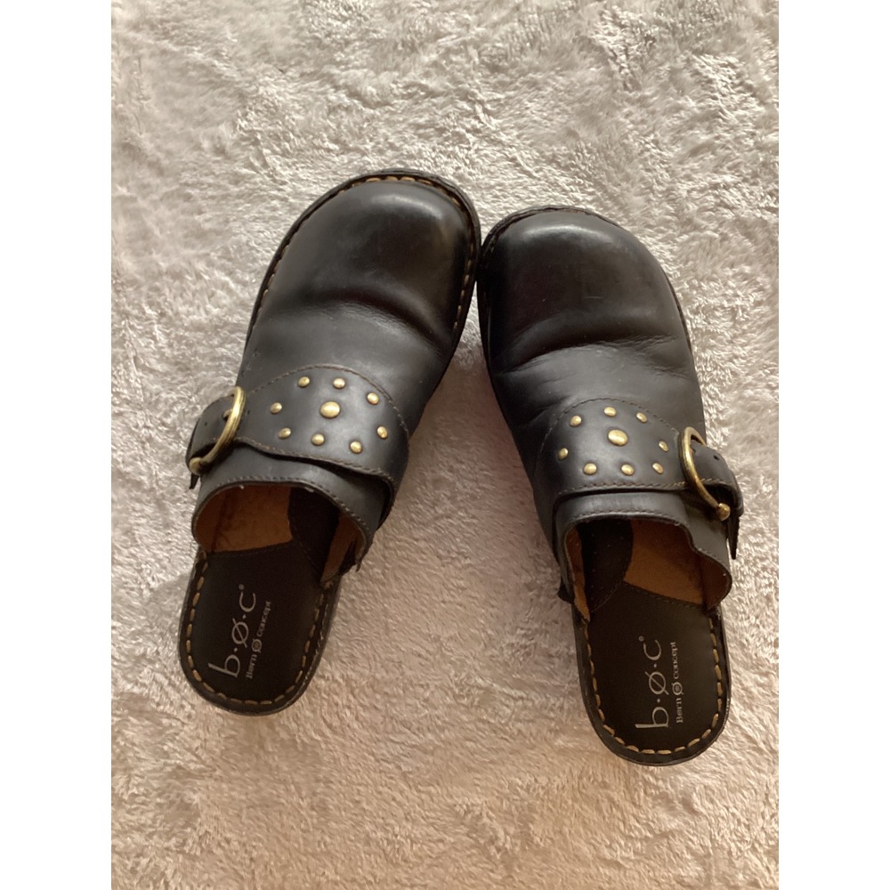 BOC Born Concept Black Leather Studded Buckle Clogs Mules‎ Women